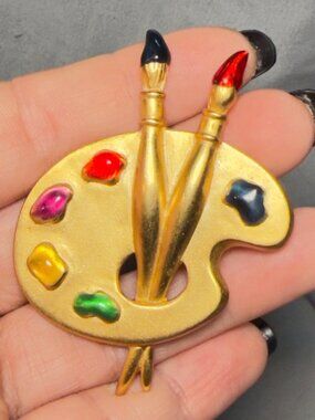 Paint Palette Brooch Gold Tone Artist Brushes Enamel Vintage Pin 2.5”